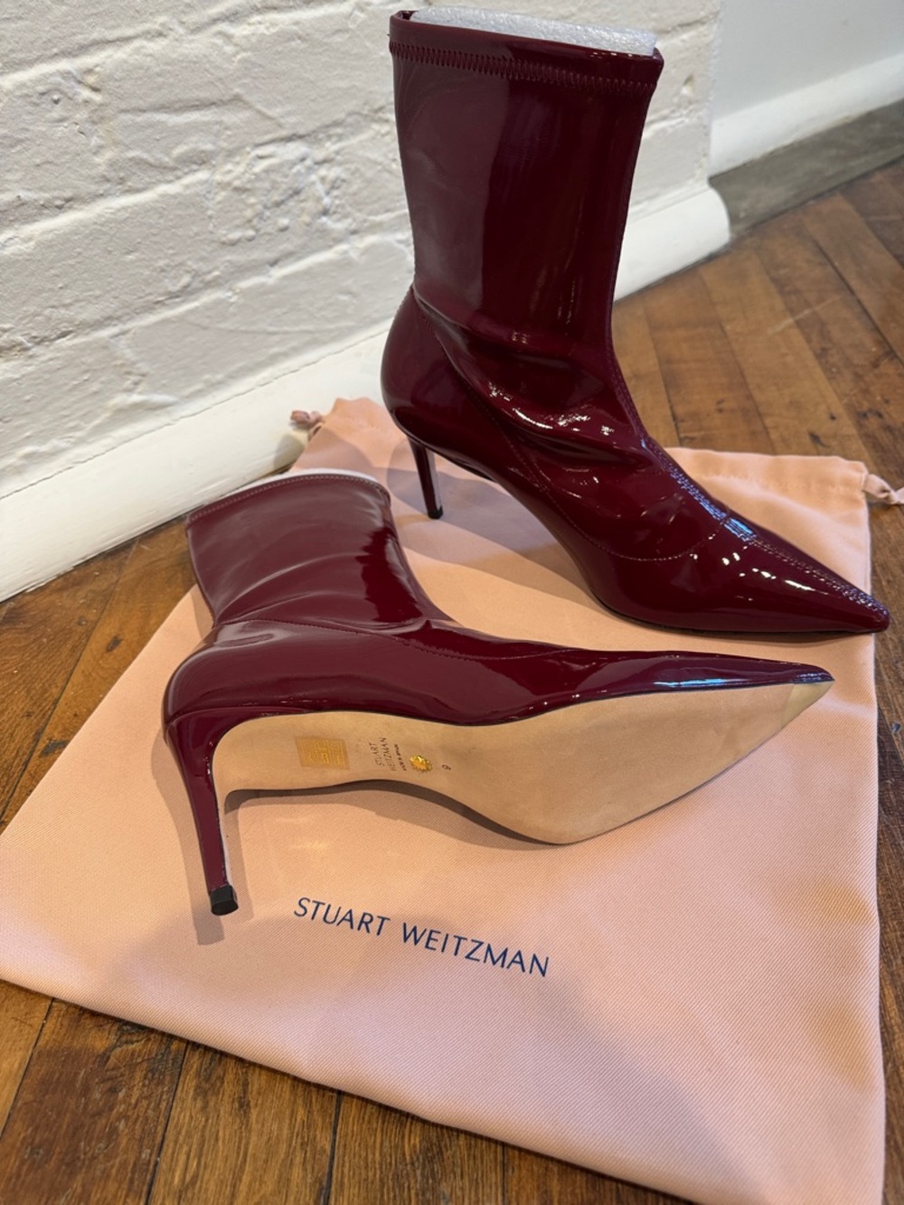 Stuart Weitzman Wine Red Patent Pointed-Toe Stiletto Booties